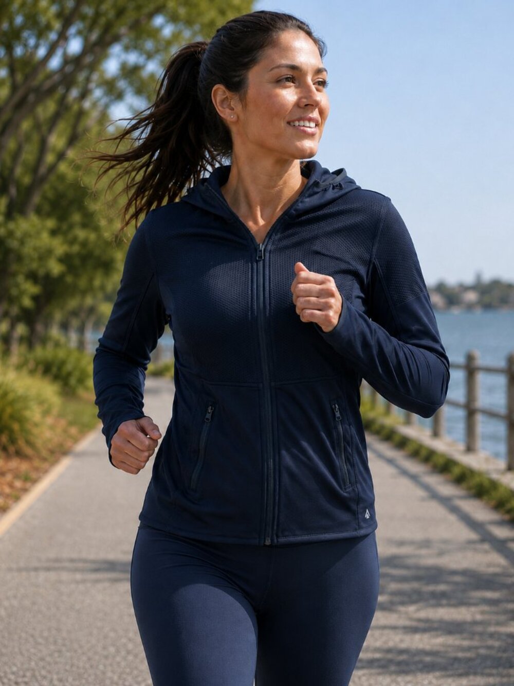 Avia Sporty Size Medium Navy Blue Hooded Full Zip Mesh Athletic Running Jacket